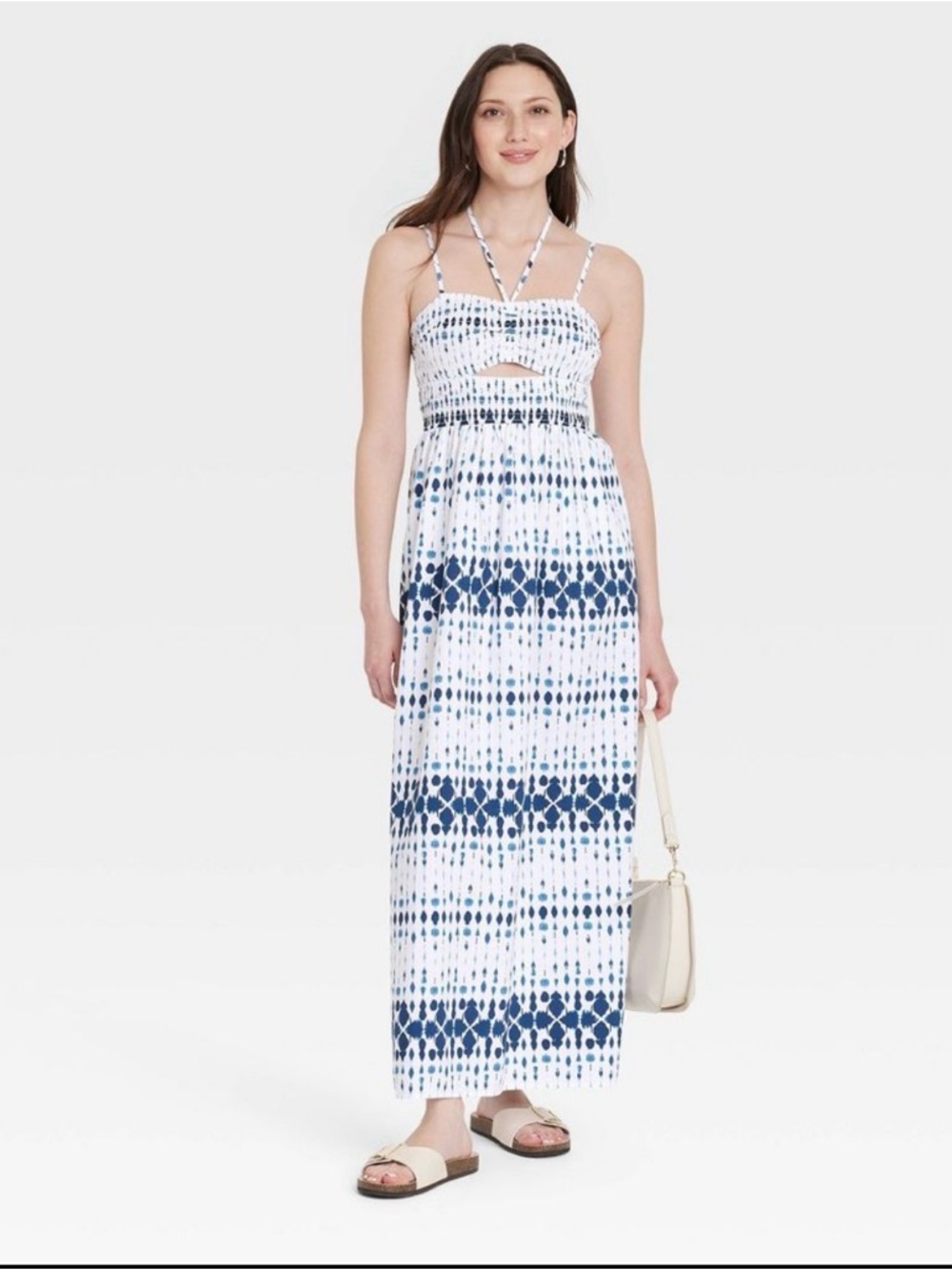 Universal Thread White and Navy Smocked Tie-Dye Boho Maxi Dress/ casual / SZ M